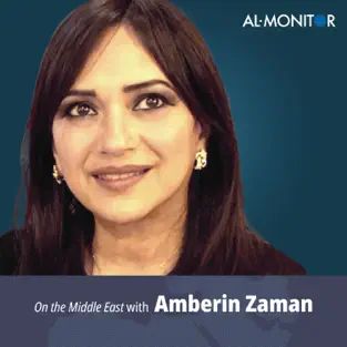 A close in headshot of Amberin.  Text reads "On the Middle East with Amberin Zaman"