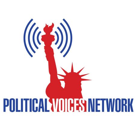 The statue of liberty in red with output from the torch in blue. Text says "Political Voices Network"