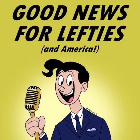 Cartoon man in a suit jacket and tie smiles and holds an old fashioned microphone.  There is a gold background behind him.