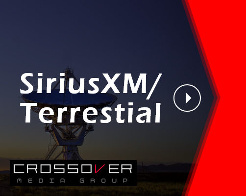 text reads "SiriusXM/Terrestial" and "Crossover Media Group"  black and red background and a broadcast tower in the background