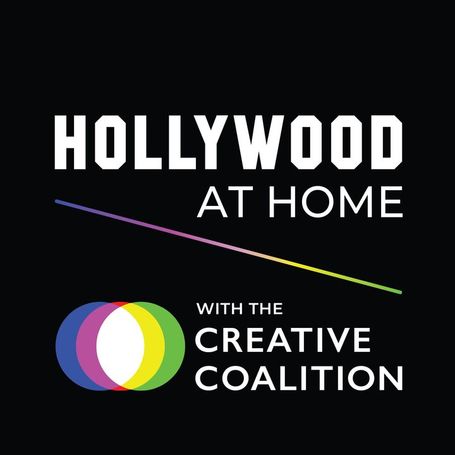 A black background with "Hollywood At Home with the Creative Coalition", a diagonal colorful line and circular multicolored logo